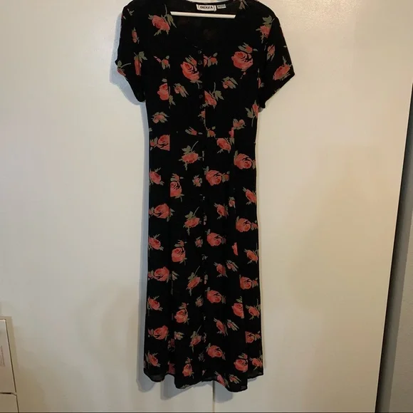 Indira L rayon midi dress ditzy floral flowers roses button front lined soft - Picture 13 of 14